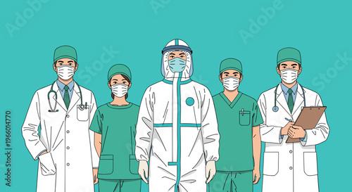 Medical team wearing protective masks and PPE suits, doctors and healthcare workers group, coronavirus safety illustration modern flat vector design