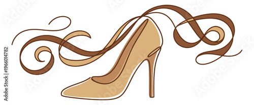 Flat illustration of elegant high heel shoe depicting flowing ribbon laces for fashion and beauty design