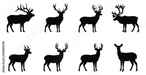 Silhouette icon set of 8 deer and elk featuring stags, does and antlered wildlife for hunting and nature design