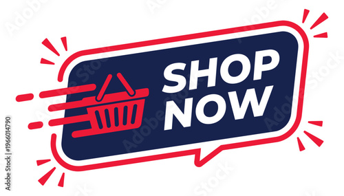 Flat illustration of shop now button depicting a speeding shopping basket with bold typography for retail and ecommerce design