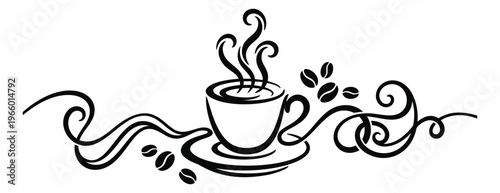 Line art illustration of steaming coffee cup depicting swirling decorative flourishes with beans for cafe and restaurant design