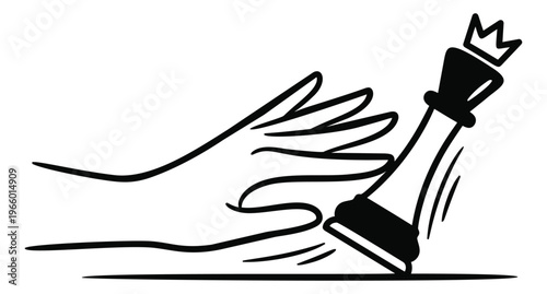 Line art illustration of a hand knocking over a chess king depicting defeat and strategy concept for business and competition design