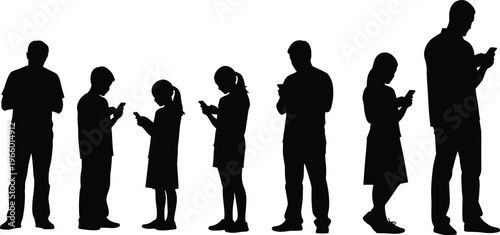 People silhouettes using smartphones, mobile device addiction, digital lifestyle, modern technology, communication concept, family group, black vector artwork