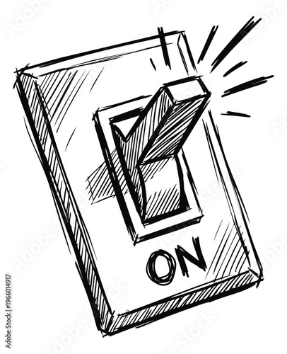 Sketch illustration of a light switch depicting on position with hand drawn crosshatch shading for electricity and power design