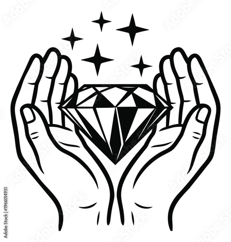 Bold outline illustration of two hands holding a diamond depicting value and care for luxury and business design
