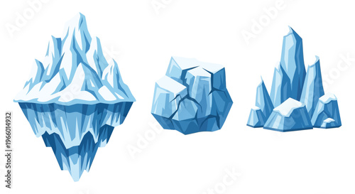 Three isolated ice formations including a large peak a cracked block and a cluster presented as a silhouette high quality professional