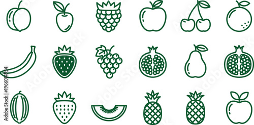 High-quality vector-style illustration of various fruits and berries, perfect for food packaging, nutrition apps, healthy lifestyle blogs, and educational materials. Clean design with transparent back