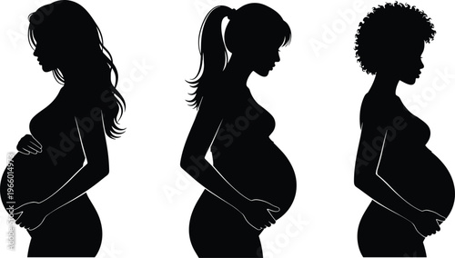 Pregnant woman silhouettes, maternity poses, diverse hairstyles, expecting mother artwork, pregnancy illustration, motherhood design, family concept, black vector drawing