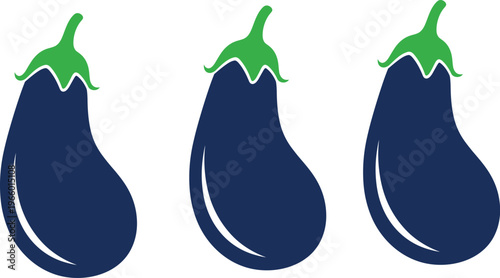 Three eggplant vector illustration with glossy highlights, stylized organic vegetable artwork, healthy food clipart design, fresh aubergine cartoon produce drawing collection