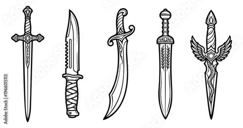 Outline icon set of 5 bladed weapons featuring sword, dagger, combat knife and fantasy blade designs for tattoo and gaming use