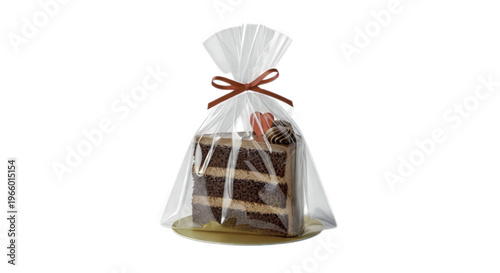 Chocolate cake wrapped in plastic with red ribbon