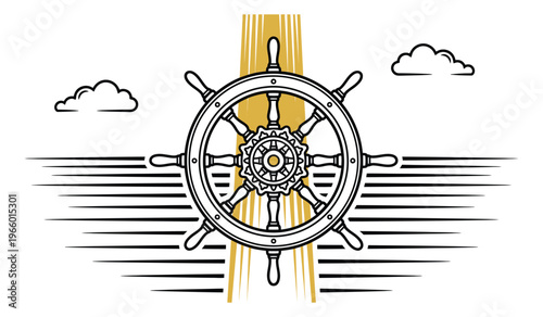 Outline illustration of a nautical ship wheel depicting a maritime helm with ocean horizon and golden rays for sailing and travel design