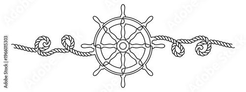 Outline illustration of a ship wheel with rope border depicting nautical helm and knots for marine and sailing design