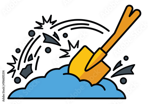 Cartoon illustration of a shovel digging into ground depicting excavation action with flying debris for construction and labor design