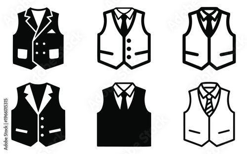 Mixed style icon set of 6 suit vests featuring formal waistcoats with ties and collars for fashion and business design