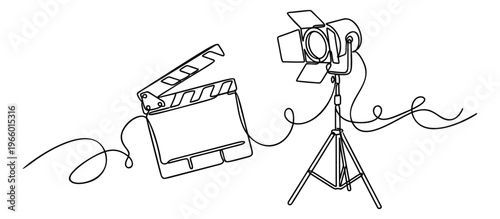 Line art illustration of film clapperboard and studio spotlight depicting cinema production equipment for entertainment design