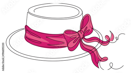 Line art illustration of an elegant wide brim hat depicting a decorative pink bow ribbon for fashion and event design