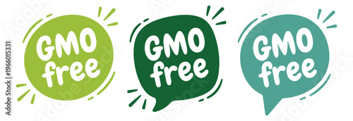 Flat badge set of 3 GMO free labels featuring speech bubble shapes in green color variants for organic food packaging