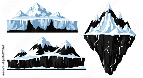 Illustrative depiction of icebergs with varying perspectives and a contrasting black silhouette high quality professional detailed modern elegant stylish clean crisp