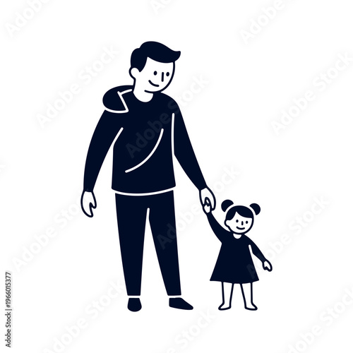 Smiling father walking and holding hands with his young daughter in a flat silhouette illustration