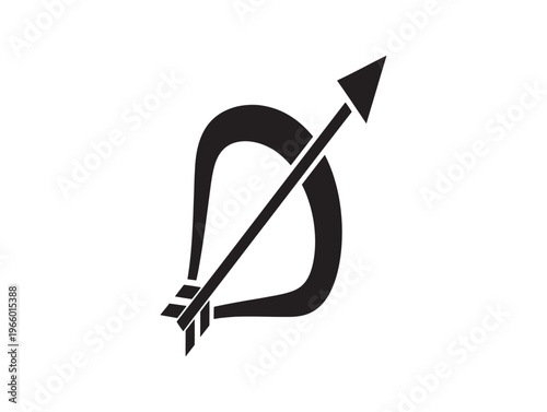 A stylized black arrow piercing through a curved tail symbol on a white background