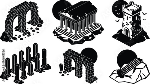 Black and white isometric ancient ruins icons with backlit moon temple tower arches and broken columns