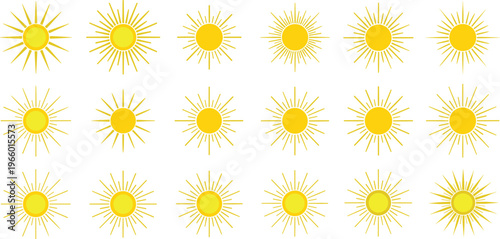 Stylized yellow sun icons collection, radiant sunshine symbols, bright solar energy design set, glowing sunlight rays illustration, decorative summer graphic elements