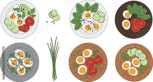 Healthy salad and egg dishes top view collection with fresh vegetables, tomatoes, greens and boiled eggs vector food illustration set