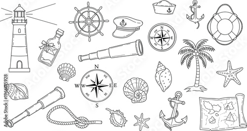 Nautical illustration collection, lighthouse, ship wheel, captain hat, compass rose, anchors, lifebuoy, palm tree, treasure map, maritime adventure design