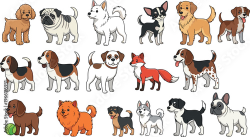 Cartoon Dog and Fox Set with Various Breeds and Fun Poses