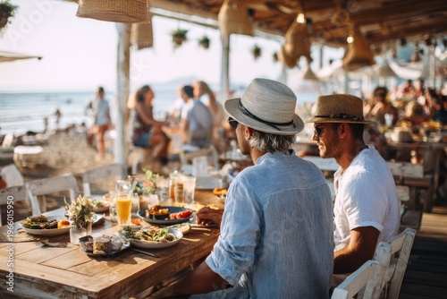Two men in straw hats share a meal at a seaside restaurant.