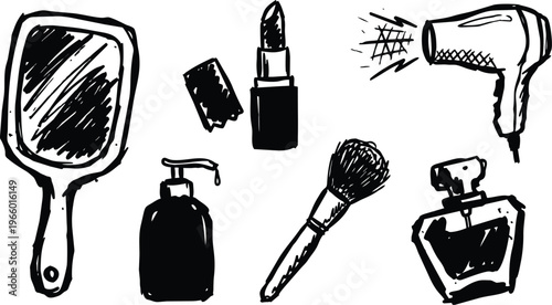 Hand drawn black and white beauty items set mirror lipstick brush hair dryer pump bottle perfume