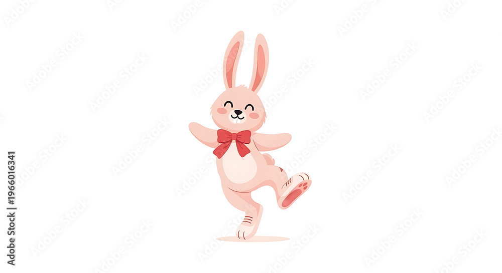 Obraz premium Cartoon pink bunny, dancing rabbit, red bow tie, Easter character, cute animal
