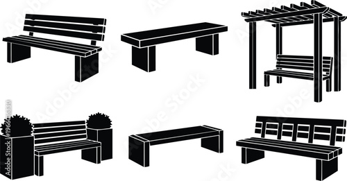 Black and white slatted bench set with pergola planter and backless bench silhouettes