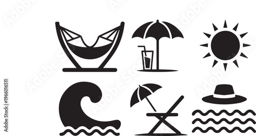 Summer Beach Vacation Icons Silhouette Set Sea Holiday Relaxation and Travel Elements Collection