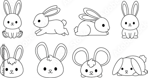 Cute bunny outline cartoon collection with various poses, simple line art rabbits, adorable baby animal characters coloring page vector set