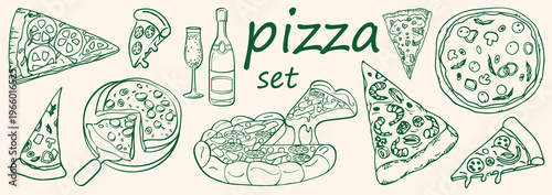 hand drawn pizza art collection. doodle sketch pizza in crayon style .cheese pizza .Italian pizza food in doodle style art . pizza line art set .vector illustration.
