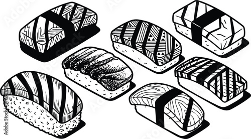 Black and white line art nigiri sushi set seven pieces with patterned fish textures
