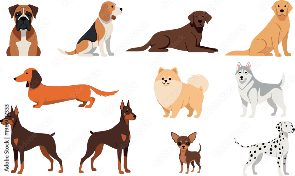 Fototapeta premium Cartoon Dog Breeds Set with Beagle, Poodle, Doberman, Dalmatian, and More