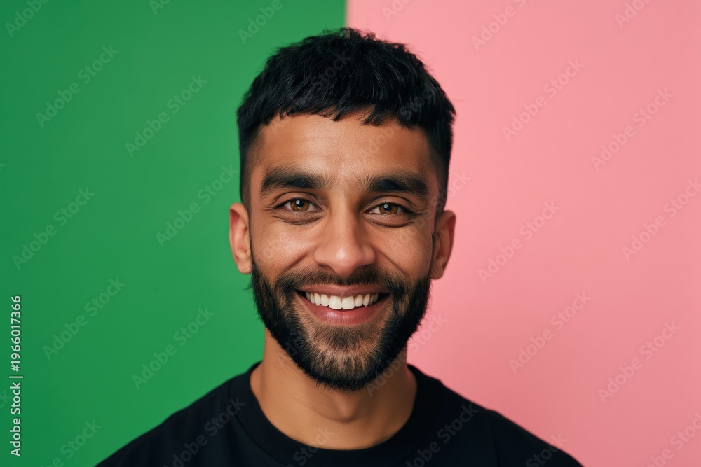 Obraz premium Man smiling in front of split green and pink background