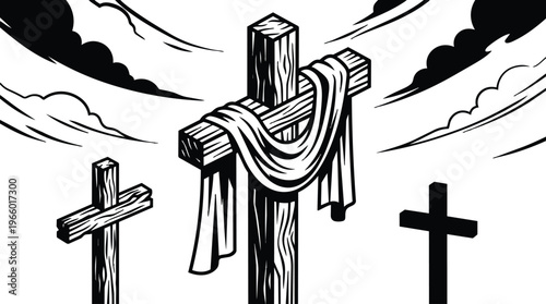 Three crosses with draped cloth on central wooden cross in black and white woodcut style