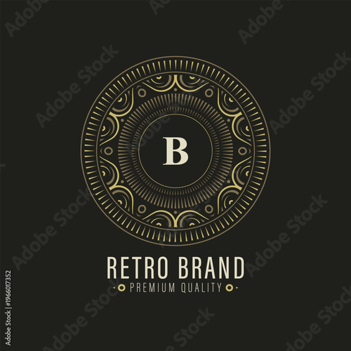 Luxury retro badge logo with ornamental circular frame in gold on dark background