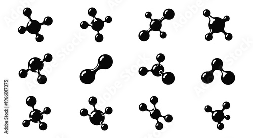 An arrangement of black molecular models against a white background depicting various chemical structures silhouette high quality professional detailed modern