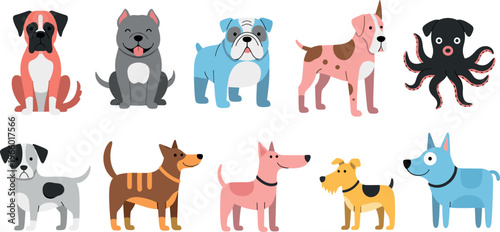 Cartoon Dog Breeds Set with Boxer, Bulldog, Terrier, and More