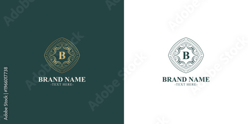 Luxury vintage monogram logo template with ornamental badge design in green and gold style
