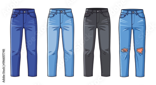 Four pairs of denim jeans in various washes are displayed showcasing modern styles and fashion silhouette high quality professional detailed elegant