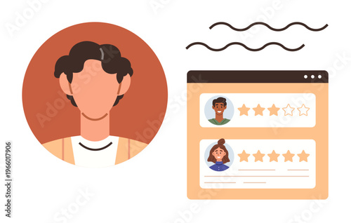 User experience, digital reputation, feedback system, online reviews, customer management, evaluation. Person icon and webpage with star ratings. User experience and digital reputation concept