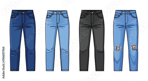 Four pairs of denim jeans in varying washes and styles are displayed against a white background silhouette high quality professional detailed