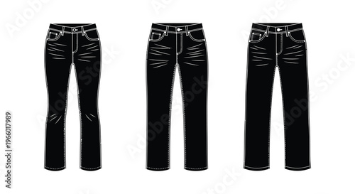 Three pairs of black denim jeans are displayed in a flat technical illustration style silhouette high quality professional detailed modern elegant