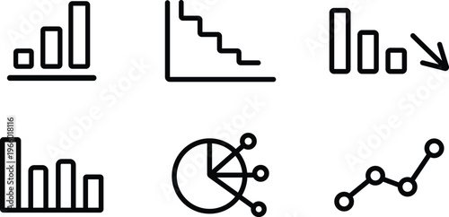Set of six clean outline graph icons representing data analysis and business growth trends in a simple style